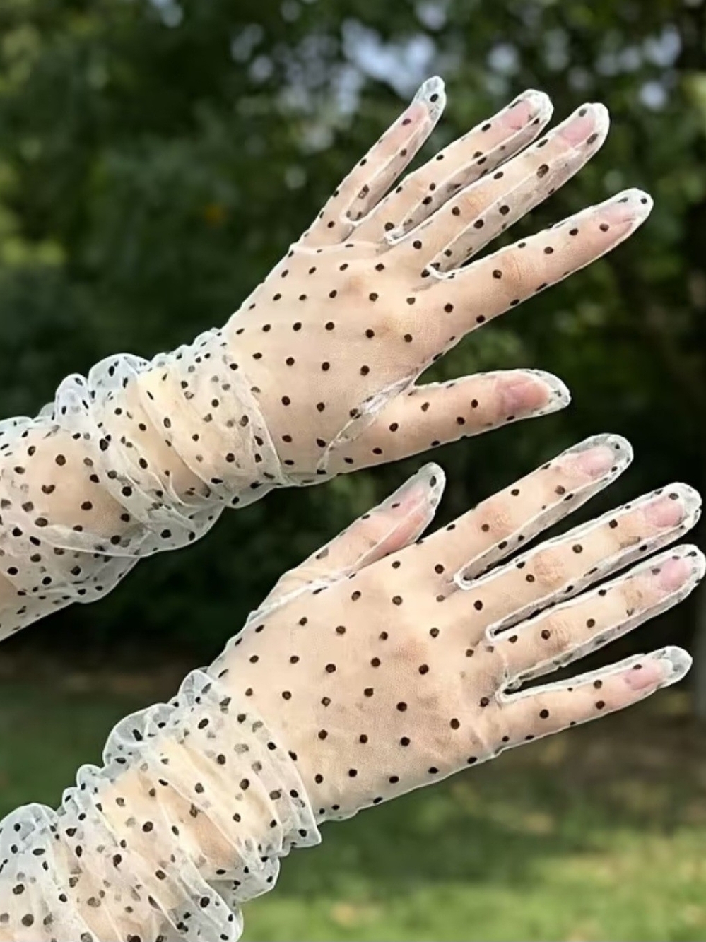 Sheer White Polka Dot Mesh Gloves with Black Dots